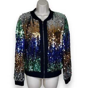 Starlette Multi Color Sequin Bomber Jacket Zip Front Lined Women Size Medium